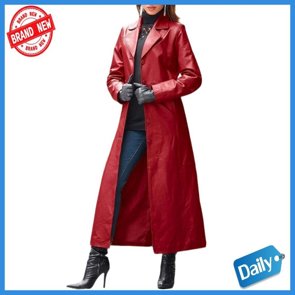 Faux Leather Trench Coat Maxi Length Lapel Collar Button Down Overcoat